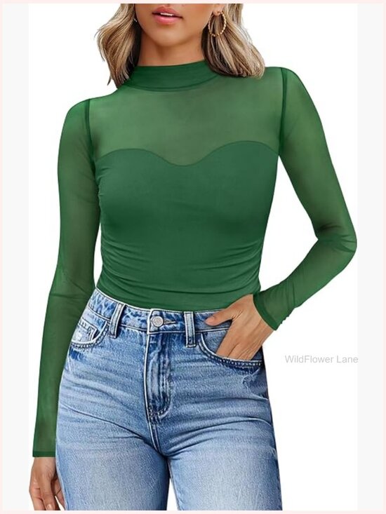 Tops - Sexy Mesh Long Sleeve Turtleneck Sheer Ruched Going Out Top Blouse